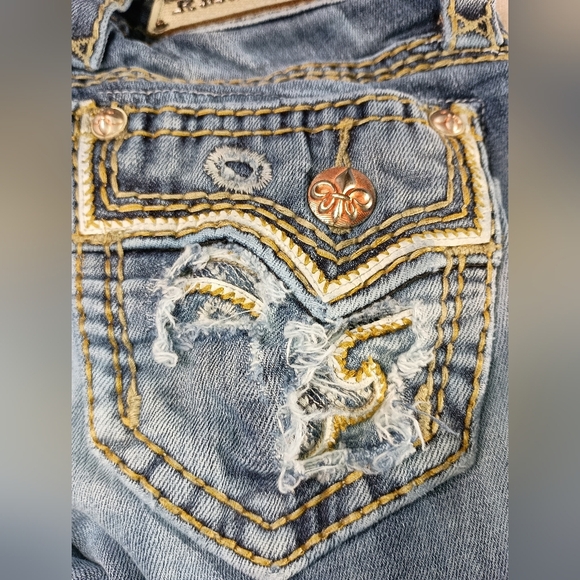 Rock Revival Distressed Thrash Grunge Blue Designer Jeans (#259) - Picture 8 of 11